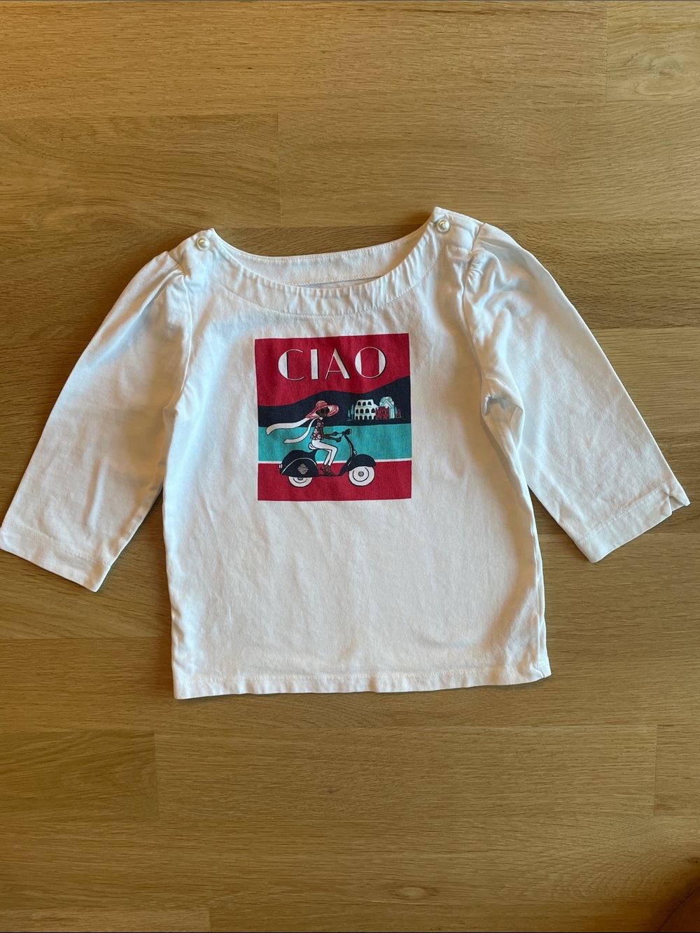 Janie and Jack White 3/4 Sleeve Top with Red and Teal Scooter Graphic